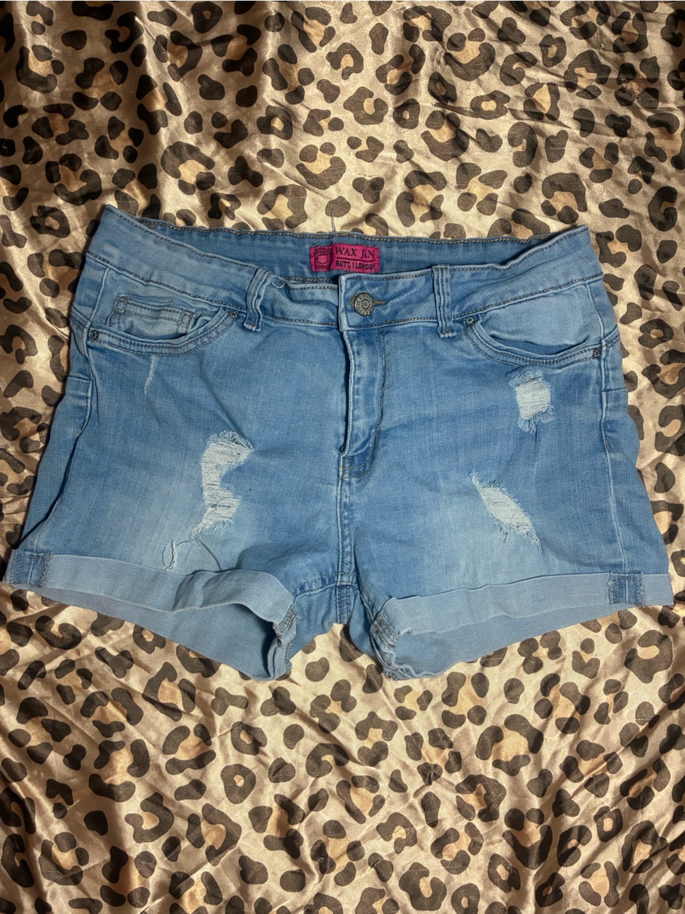 ⭒ light blue ripped wax jean shorts